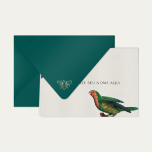 Papel de carta personalizado com ilustração de aves e envelope azul petróleo