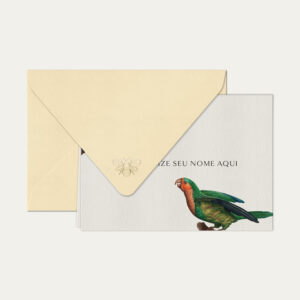 Papel de carta personalizado com ilustração de aves e envelope bege