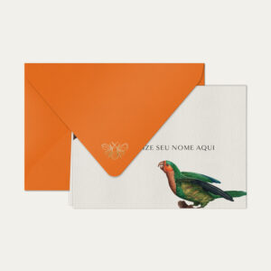Papel de carta personalizado com ilustração de aves e envelope laranja