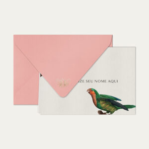 Papel de carta personalizado com ilustração de aves e envelope rosa bebe