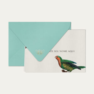 Papel de carta personalizado com ilustração de aves e envelope azul tiffany