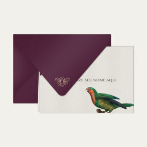 Papel de carta personalizado com ilustração de aves e envelope vinho