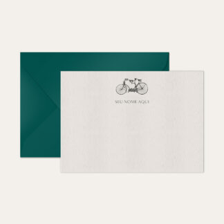 Papel de carta personalizado com ilustração de bicicleta e envelope azul petróleo
