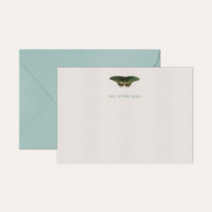 Papel de carta personalizado com ilustração de borboleta verde envelope azul bebe