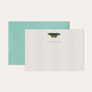 Papel de carta personalizado com ilustração de borboleta verde envelope azul tiffany