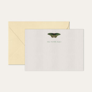 Papel de carta personalizado com ilustração de borboleta verde envelope bege