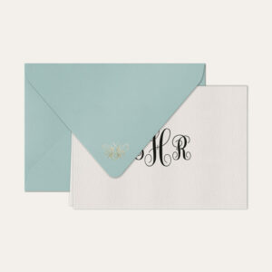 Papel de carta personalizado com monograma calligraphy em preto e envelope azul bebe
