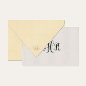 Papel de carta personalizado com monograma calligraphy em preto e envelope bege