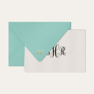 Papel de carta personalizado com monograma calligraphy em preto e envelope azul tiffany