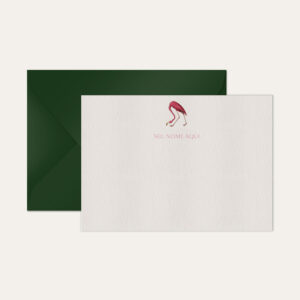 Papel de carta personalizado com ilustração de flamingo e envelope verde escuro