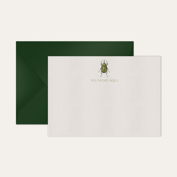 Papel de carta personalizado com ilustração de inseto e envelope verde escuro