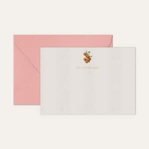 Papel de carta personalizado com ilustração de tangerina e envelope rosa bebe