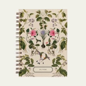 Caderno personalizado A5 bege com ilustração de flores, plantas e beija-flores. inspirada em biofilia e cottagecore.