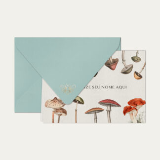 Papel de carta personalizado com ilustração de cogumelos e envelope azul bebe