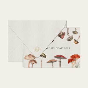 Papel de carta personalizado com ilustração de cogumelos e envelope branco
