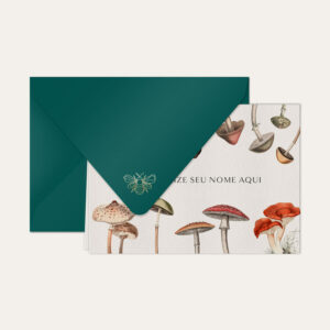 Papel de carta personalizado com ilustração de cogumelos e envelope azul petróleo
