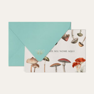 Papel de carta personalizado com ilustração de cogumelos e envelope azul tiffany