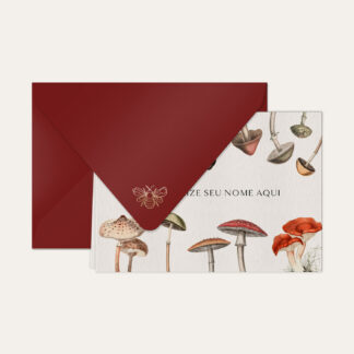 Papel de carta personalizado com ilustração de cogumelos e envelope bordo