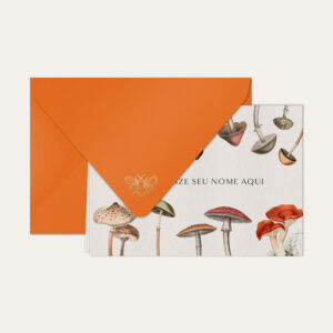 Papel de carta personalizado com ilustração de cogumelos e envelope laranja