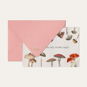 Papel de carta personalizado com ilustração de cogumelos e envelope rosa bebe