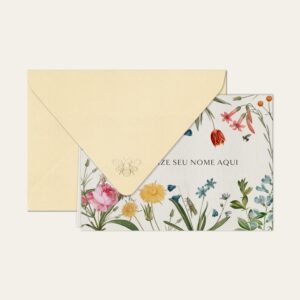 Papel de carta personalizado com ilustração de jardim de flores e envelope bege