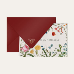 Papel de carta personalizado com ilustração de jardim de flores e envelope bordo