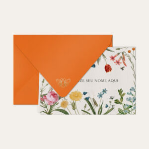 Papel de carta personalizado com ilustração de jardim de flores e envelope laranja