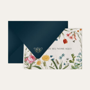 Papel de carta personalizado com ilustração de jardim de flores e envelope azul marinho