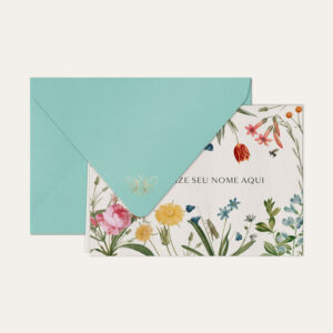Papel de carta personalizado com ilustração de jardim de flores e envelope azul tiffany