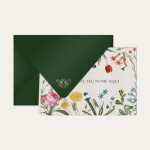 Papel de carta personalizado com ilustração de jardim de flores e envelope verde escuro