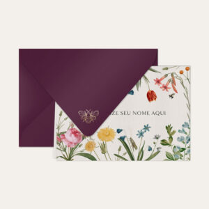 Papel de carta personalizado com ilustração de jardim de flores e envelope vinho