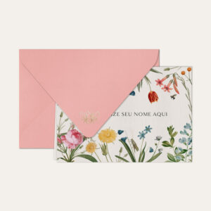 Papel de carta personalizado com ilustração de jardim de flores e envelope rosa bebe