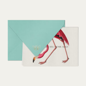 Papel de carta personalizado com ilustração de flamingo e envelope azul tiffany