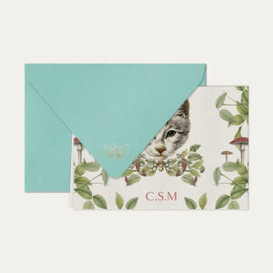 Papel de carta personalizado com ilustração de gatinho com cogumelo e envelope azul tiffany
