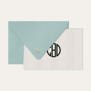 Papel de carta personalizado com monograma gatsby em preto e envelope azul bebe