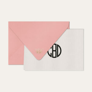 Papel de carta personalizado com monograma gatsby em preto e envelope rosa bebe