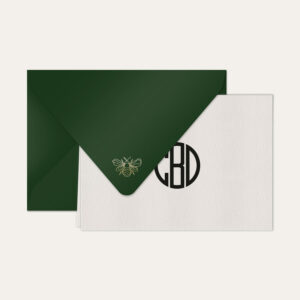Papel de carta personalizado com monograma gatsby em preto e envelope verde escuro