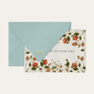 Papel de carta personalizado com ilustração de morangos e envelope azul bebe