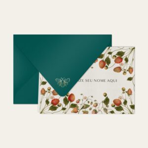 Papel de carta personalizado com ilustração de morangos e envelope azul petróleo