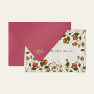 Papel de carta personalizado com ilustração de morangos e envelope pink