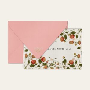 Papel de carta personalizado com ilustração de morangos e envelope rosa bebe