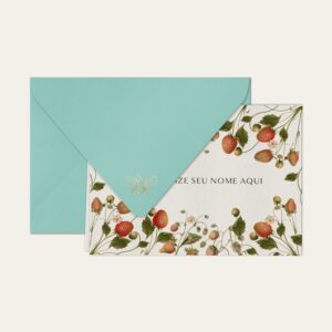 Papel de carta personalizado com ilustração de morangos e envelope azul tiffany