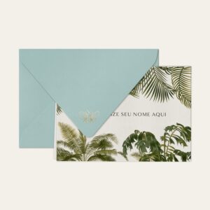 Papel de carta personalizado com ilustração de palmeiras e envelope azul bebe