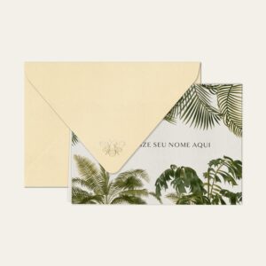 Papel de carta personalizado com ilustração de palmeiras e envelope bege