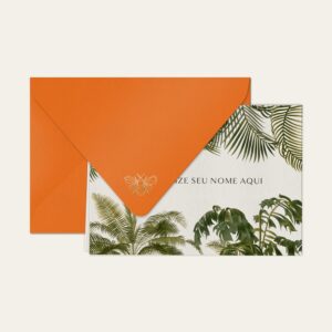Papel de carta personalizado com ilustração de palmeiras e envelope laranja