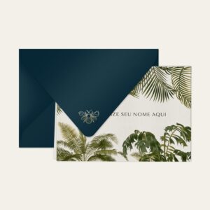 Papel de carta personalizado com ilustração de palmeiras e envelope azul marinho