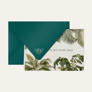 Papel de carta personalizado com ilustração de palmeiras e envelope azul petróleo