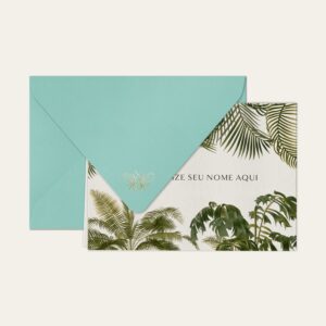 Papel de carta personalizado com ilustração de palmeiras e envelope azul tiffany