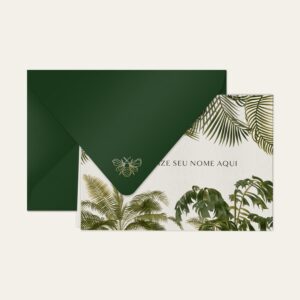 Papel de carta personalizado com ilustração de palmeiras e envelope verde escuro