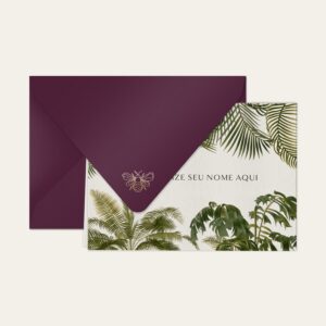 Papel de carta personalizado com ilustração de palmeiras e envelope vinho